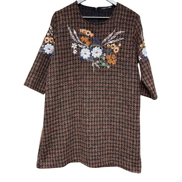 Zara Women's Dress Brown Tweed Floral Embroidered Office Fairy Core  Size XL - Picture 1 of 9